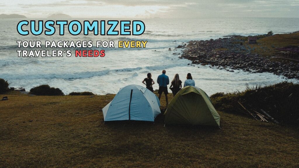 Group of travelers camping near the ocean with tents, representing customized travel packages designed for different needs and travel styles