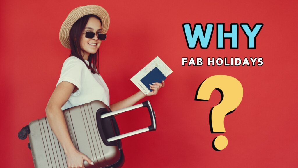 Smiling woman holding suitcase, passport, and travel documents against red background, symbolizing trust in Fab Holidays travel services