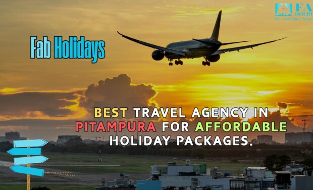 Airplane flying over Pitampura skyline at sunset with Fab Holidays branding – Best travel agency in Pitampura for holiday packages