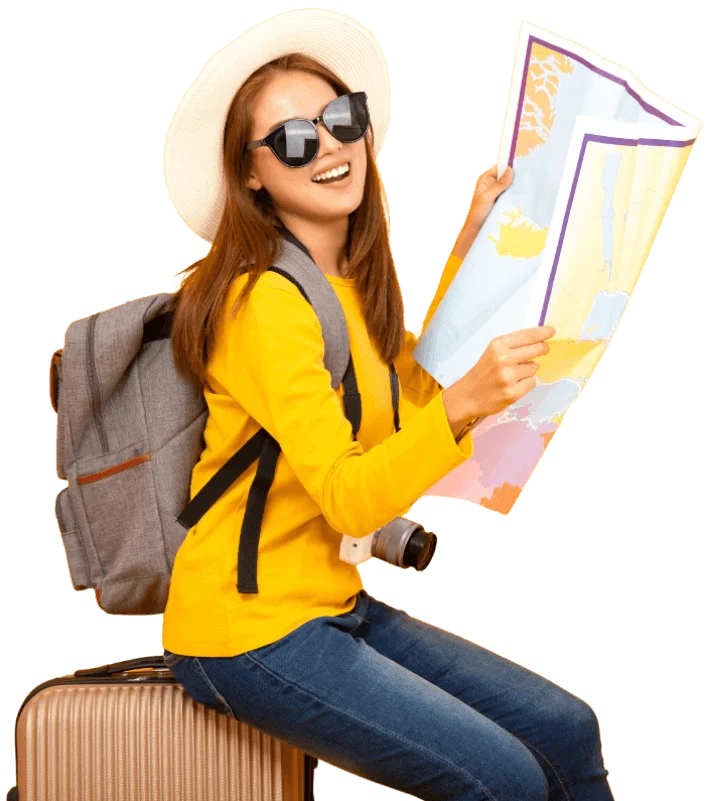 Young female traveler planning a trip with the best travel agency in Delhi
