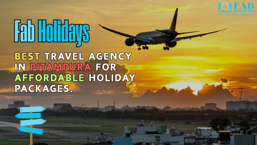 Airplane flying over Pitampura skyline at sunset with Fab Holidays branding – Best travel agency in Pitampura for holiday packages
