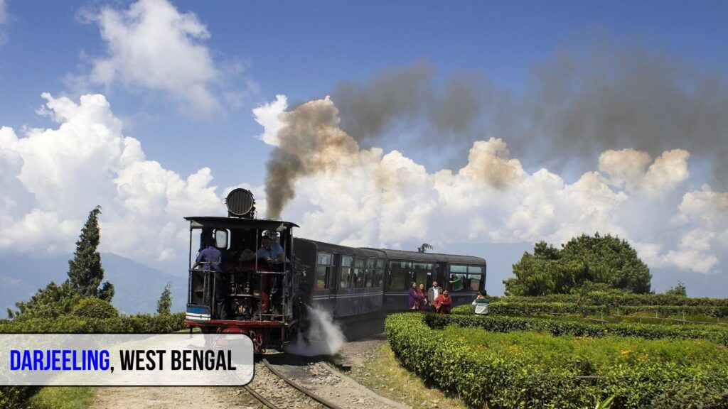 Toy train passing through tea gardens in Darjeeling, West Bengal – one of the best places to visit in India during summer