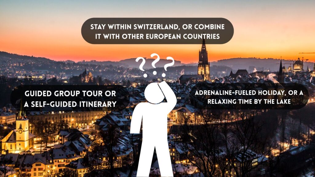 Confused tourist choosing between group or self-guided travel – backdrop of a scenic Swiss city, representing Switzerland tour package from India by Fab Holidays