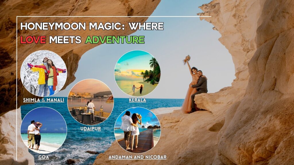 Collage of top honeymoon destinations in India including Shimla, Manali, Kerala, Goa, Udaipur, and Andaman, representing romantic honeymoon tour packages.