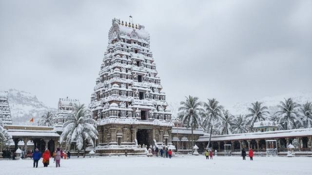 Does It Snow in South India? A winter-themed view of a historic temple in Andhra Pradesh surrounded by snow-like visuals, highlighting common misconceptions about snowfall in the region.