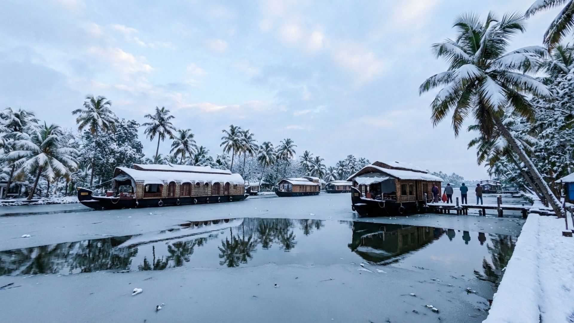 Does It Snow in South India? A winter-themed view of Kerala backwaters and houseboats covered in frost-like scenery, reflecting common snowfall myths.