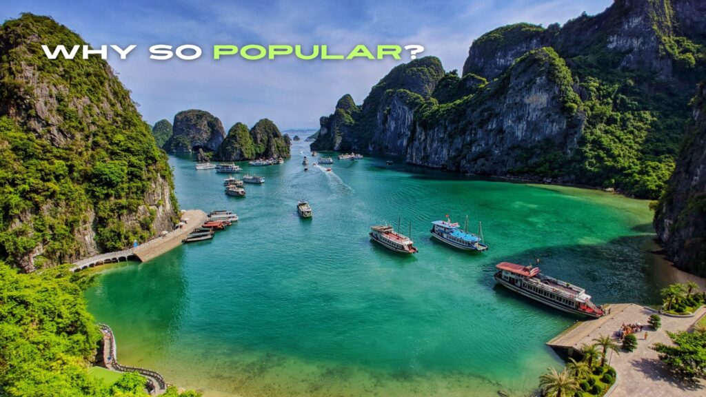 Scenic view of limestone islands and boats in Ha Long Bay, a famous destination included in many Vietnam tour packages from Delhi