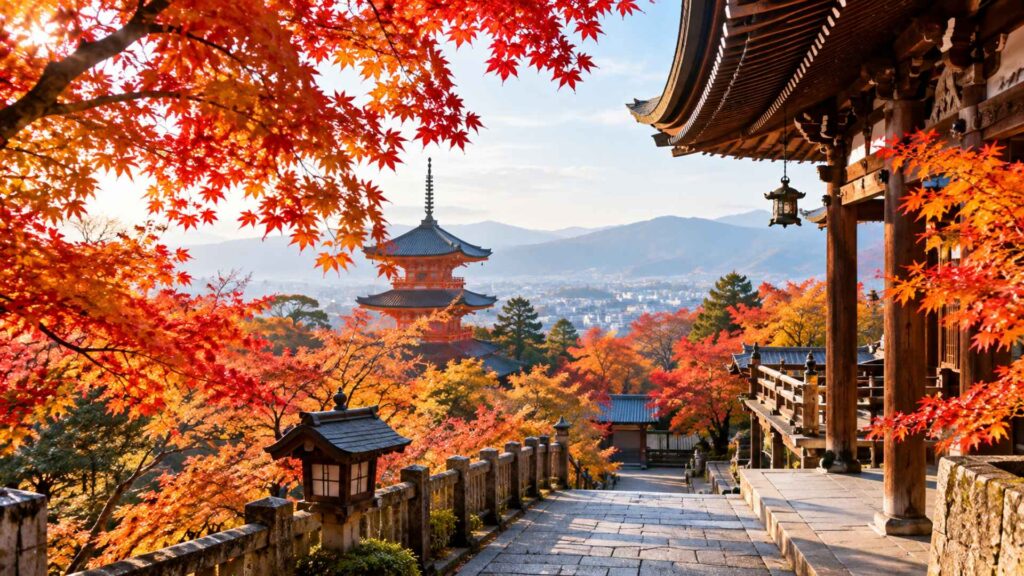 Kiyomizu-dera temple veranda framed by red maples overlooking Kyoto's pagoda, a top spot for Japan autumn foliage 2026 — Fab Holidays, Best Travel Agency in Delhi