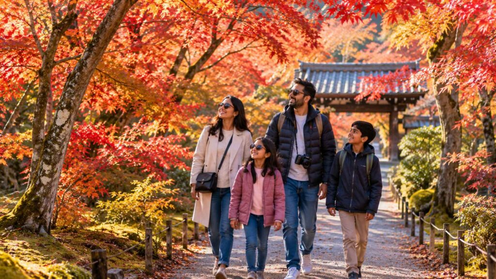 Indian family walking through a red maple-lined temple path in Japan, planning their Japan autumn foliage 2026 trip — Fab Holidays, Best Travel Agency in Delhi