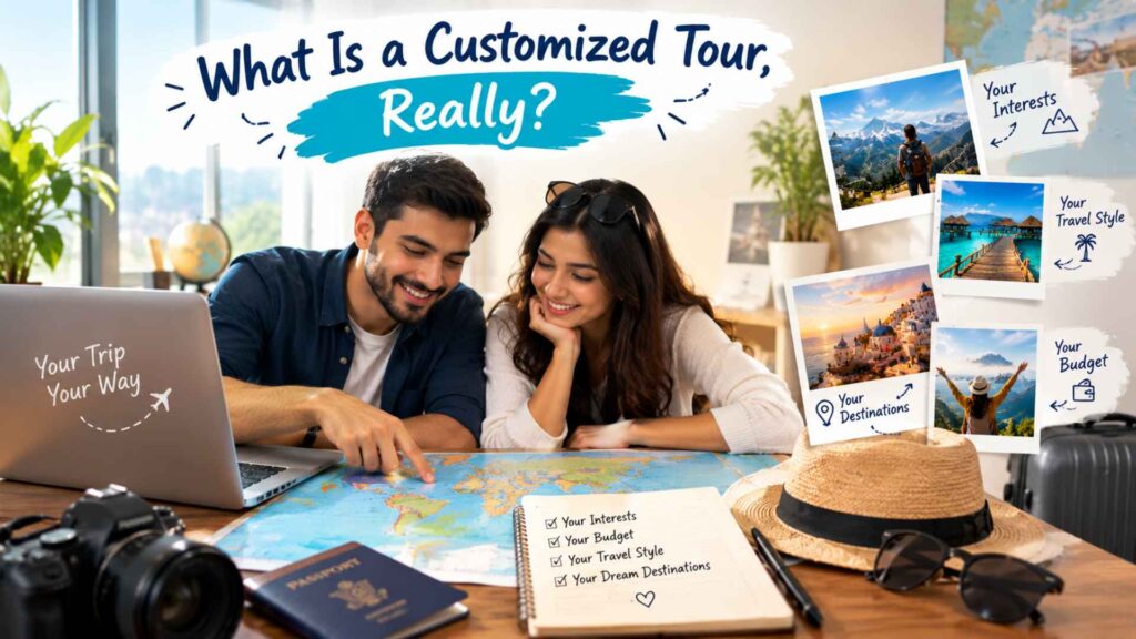 Couple planning a customized tour with Fab Holidays based on their travel interests, budget, preferred destinations and travel style.