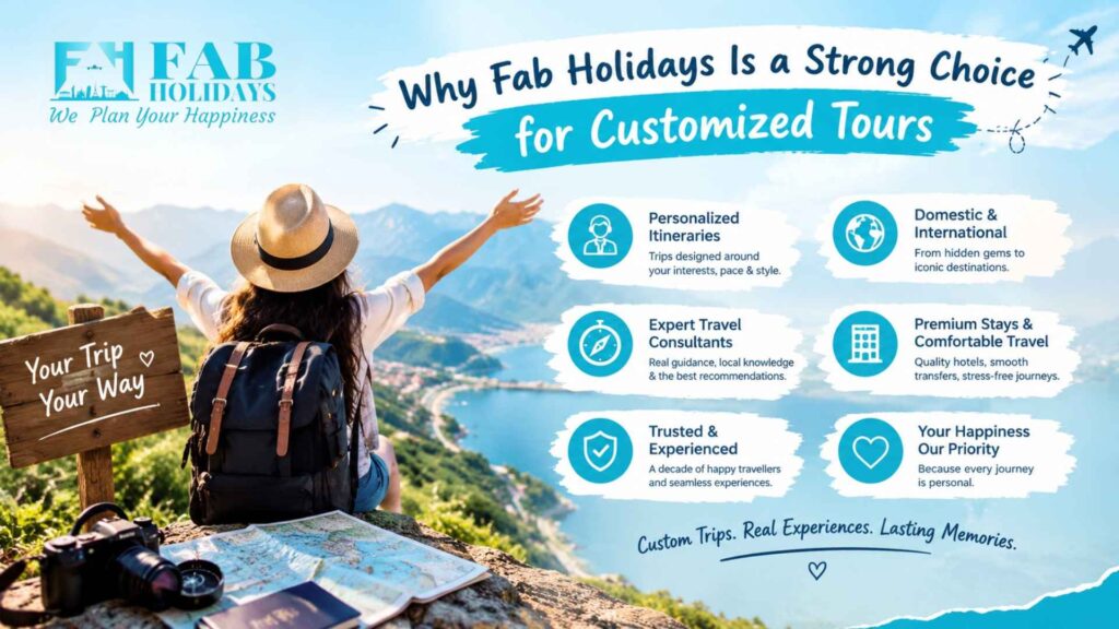 Fab Holidays customized tour services, featuring personalized itineraries, expert travel consultants, domestic and international holidays, and comfortable stays.